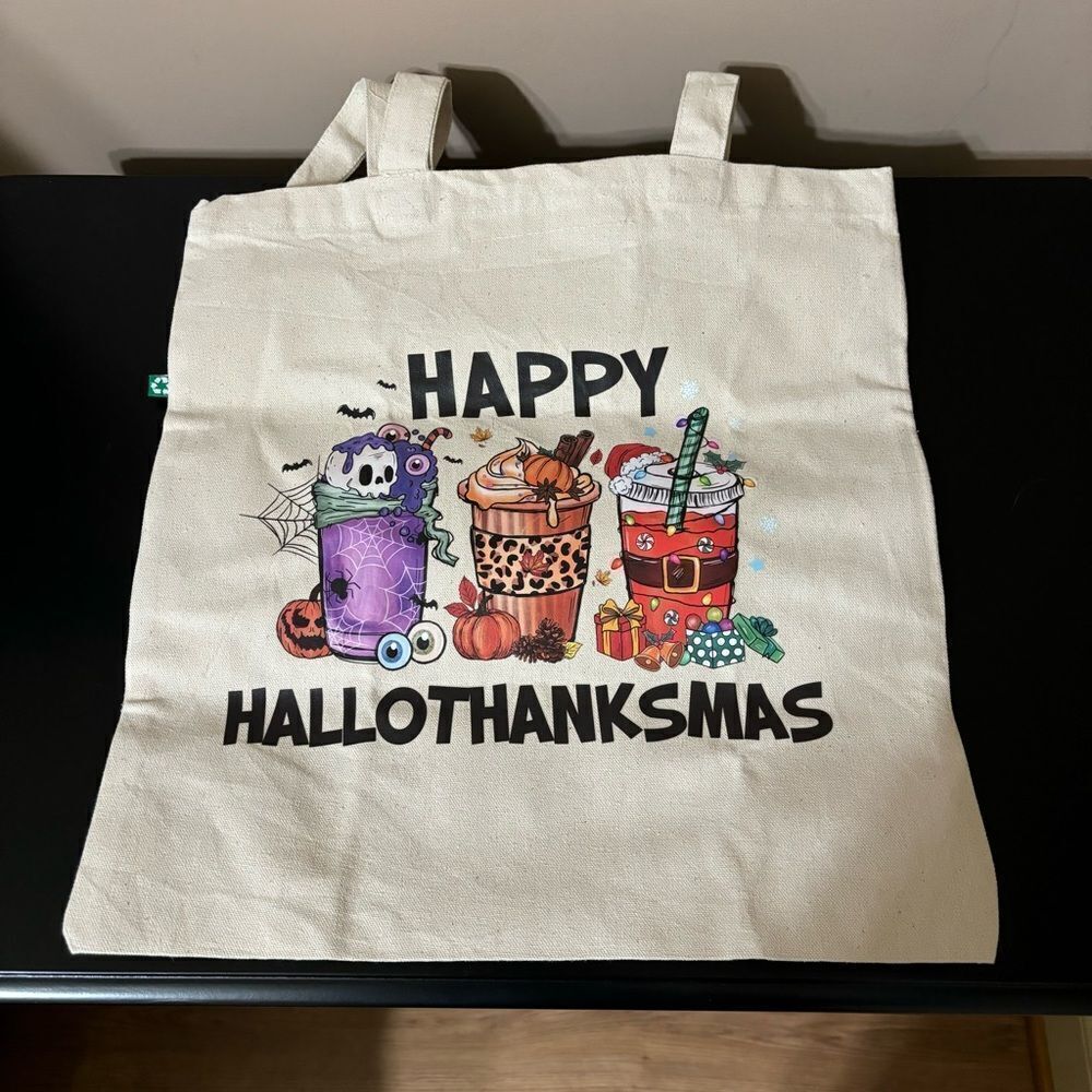 Happy Hallothanksmas Canvas Tote - 15x15 - brand new -‎ Recycled Cotton